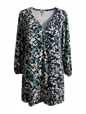 Catherines Navy Tunic with Teal & Light Cream Leaves